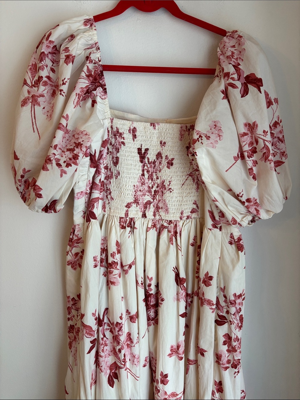 Abercrombie Emerson poplin Floral Puff-Sleeve Midi Dress Cream Rose Women LG EUC - Picture 11 of 12